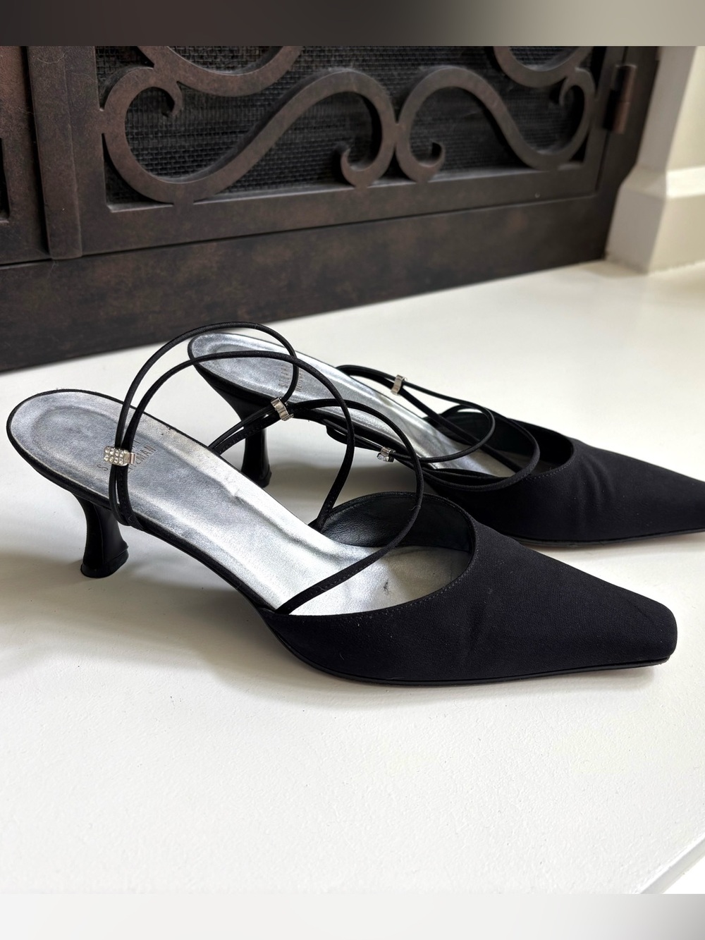 Stuart Weitzman Black Slingback Pointed-Toe Kitten Heels